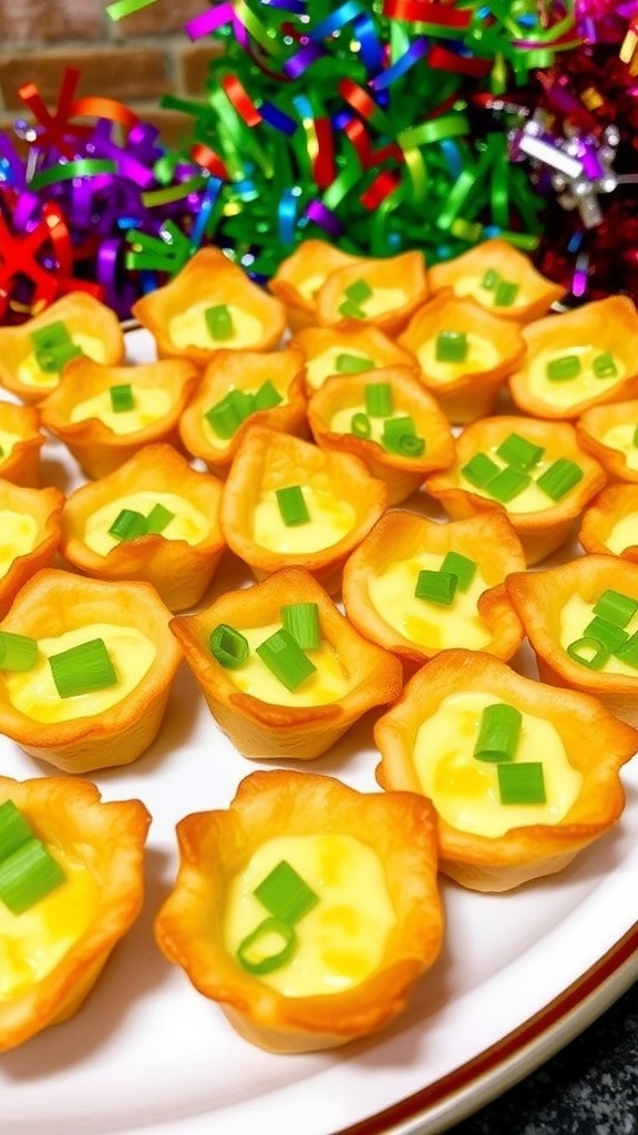 Mini appetizer cups filled with cheese and herbs on a colorful plate, ready for serving.
